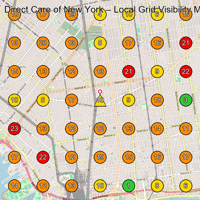 Direct Care of New York Home Health Care Service GeoGrid ranking map for Brooklyn NY